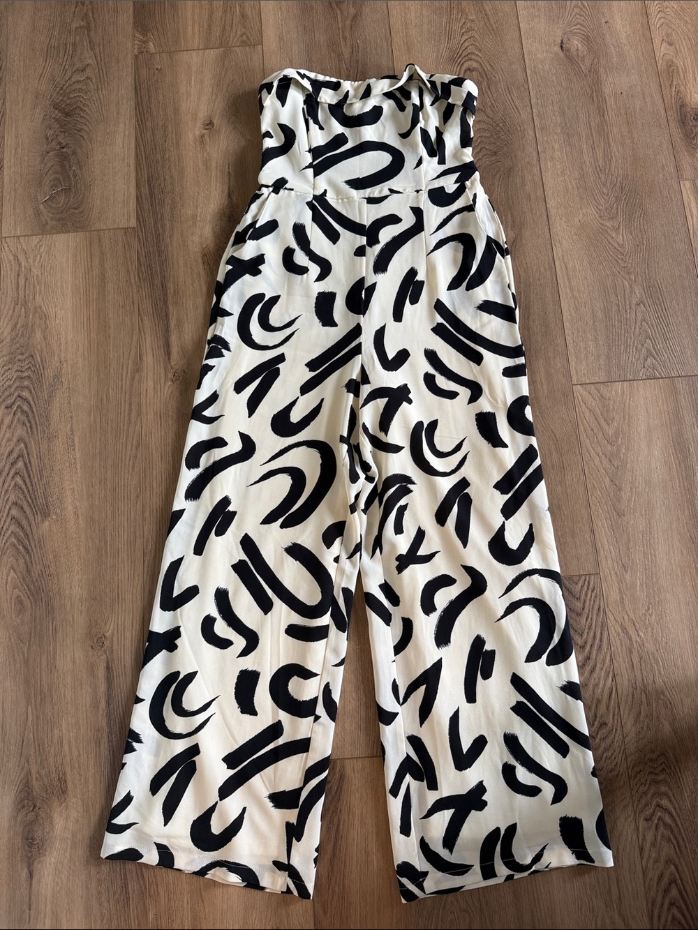Strapless Wide-Leg Jumpsuit in Black & White Abstract Print